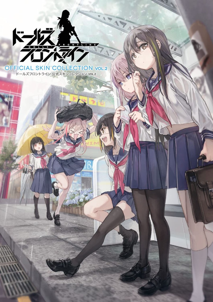 5girls, alternate_costume, anti-rain_(girls'_frontline), artist_request, bag, bus_stop, girls_frontline, highres