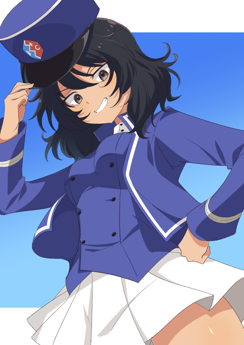 1girl, andou_(girls_und_panzer), bc_freedom_military_uniform, black_hair, blush, breasts, brown_eyes, dark-skinned_female, dark_skin, girls_und_panzer, grin, highres, kamuraaa_615, large_breasts, long_sleeves, looking_at_viewer, medium_hair, parted_lips, pleated_skirt, skirt, smile, solo, teeth, white_skirt, yuri