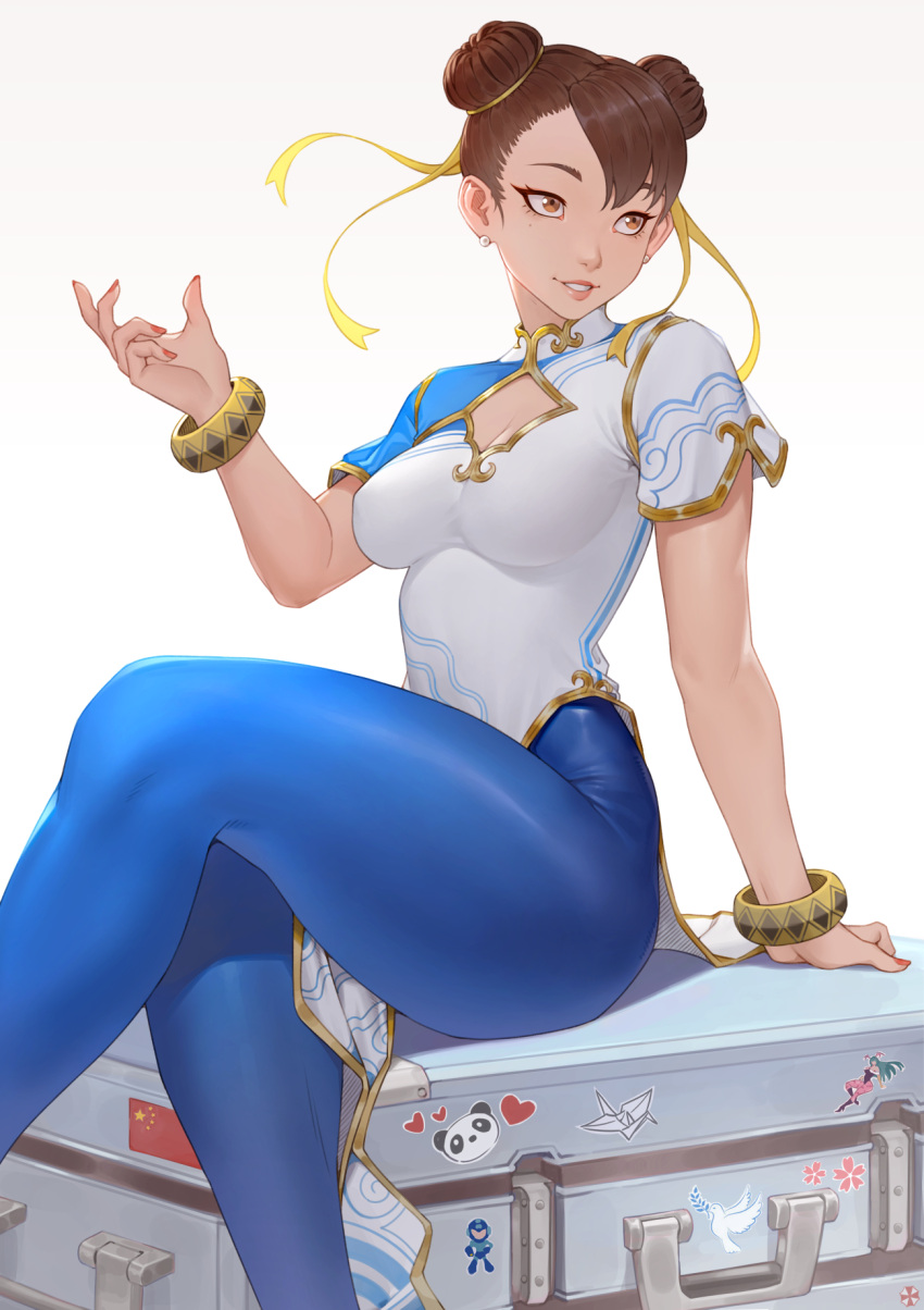 1girl, arm_support, blue_pants, bracelet, breasts, brown_eyes, brown_hair, cheshirrr