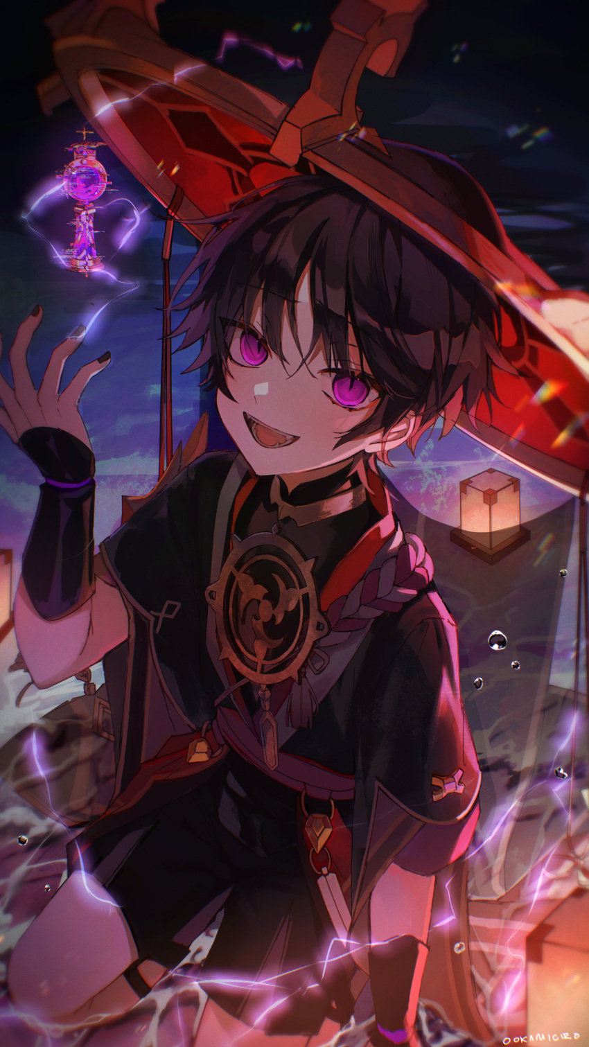 1boy, absurdres, arm_guards, bangs, black_hair, black_shorts, electricity, fangs