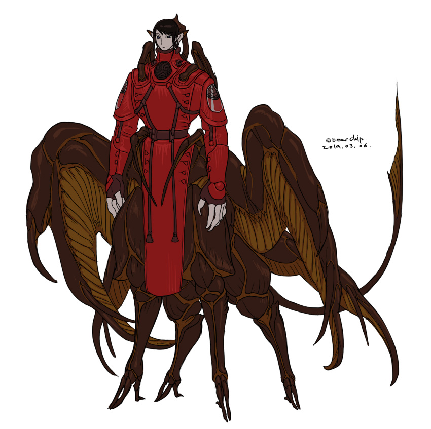 1boy, 2019, black_eyes, black_hair, brown_gloves, carapace, closed_mouth, colored_skin