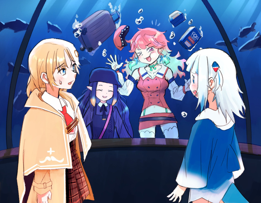 4girls, air_bubble, bangs, blonde_hair, blue_eyes, blunt_bangs, bubble, capelet