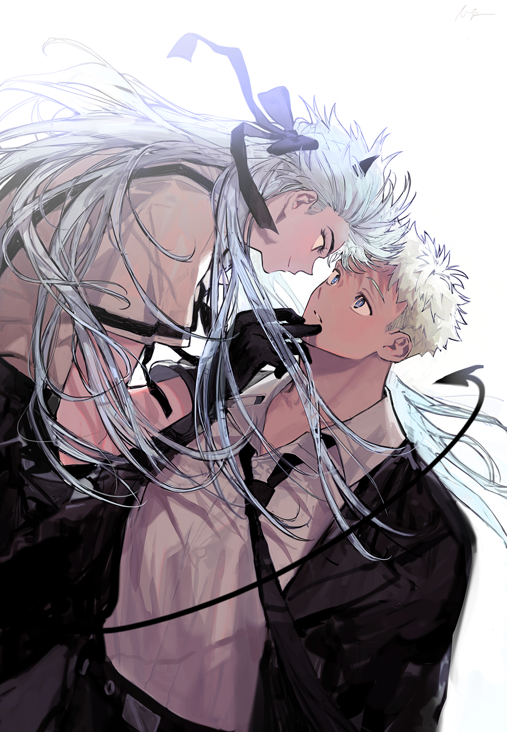 1boy, 1girl, alternate_universe, bangs, black_gloves, black_jacket, black_necktie, black_pants