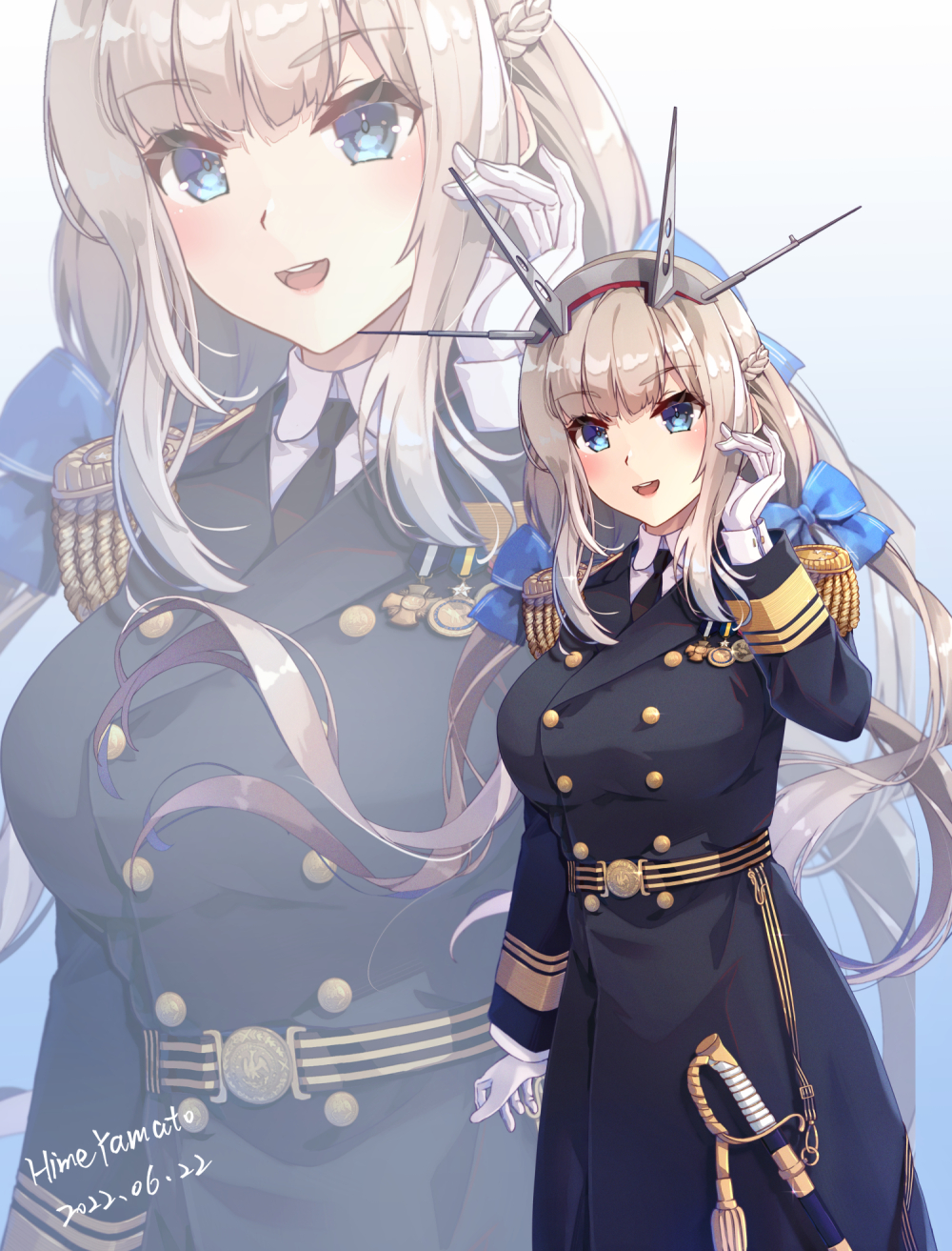 1girl, alternate_costume, black_coat, blue_bow, blue_eyes, bow, breasts, coat