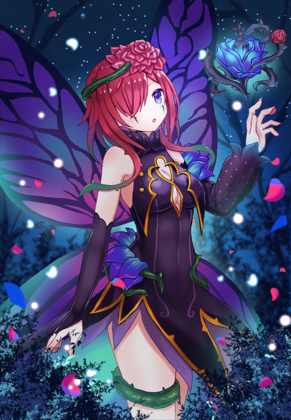 1girl, bare_shoulders, black_dress, blue_eyes, breasts, butterfly_wings, center_opening, dress