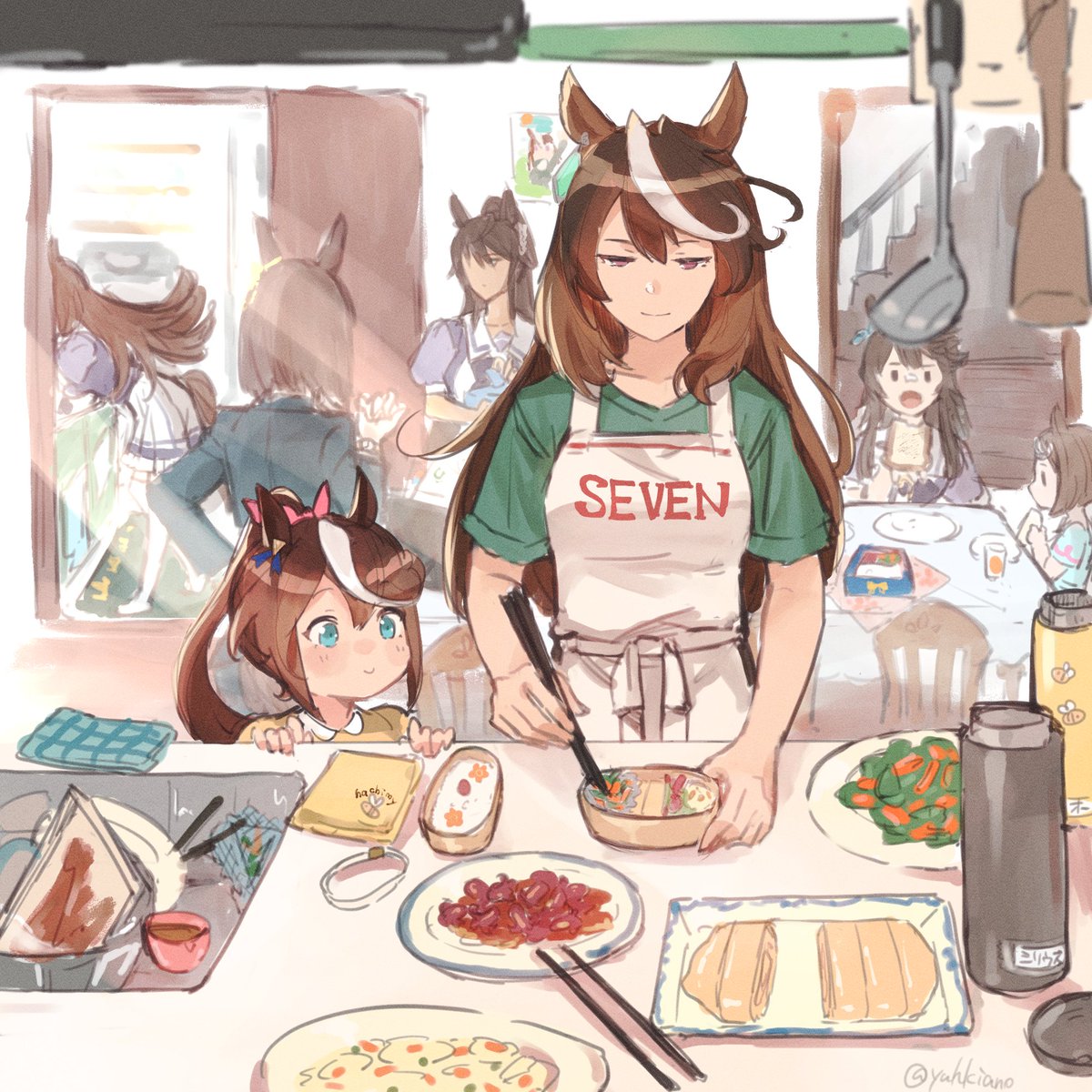 6+girls, air_groove_(umamusume), animal_ears, apron, aqua_eyes, bandaid, bandaid_on_face, bandaid_on_nose