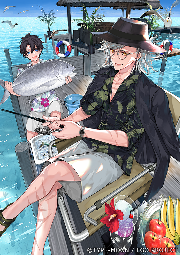 2boys, :d, alternate_costume, animal, apple, banana, bangs, bespectacled