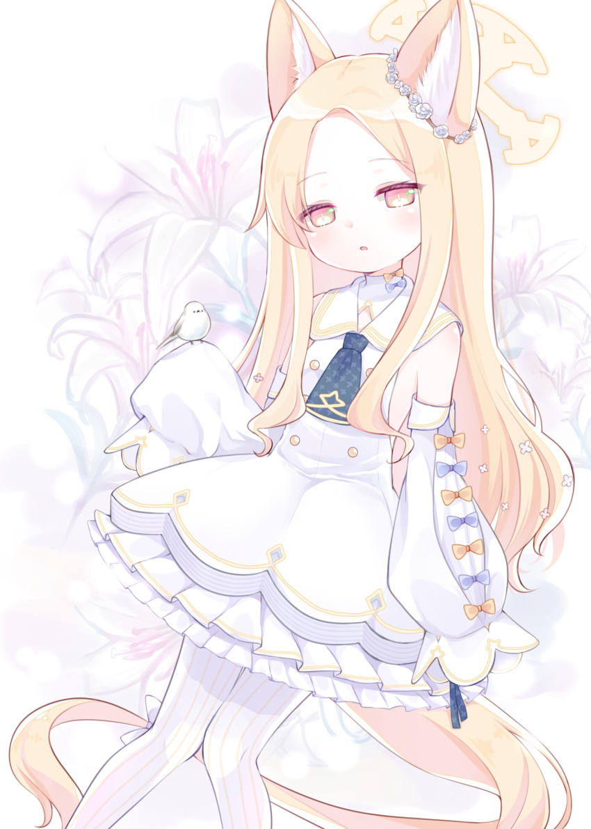 1girl, animal_ears, ascot, bangs, bird, blonde_hair, blue_archive, commentary_request