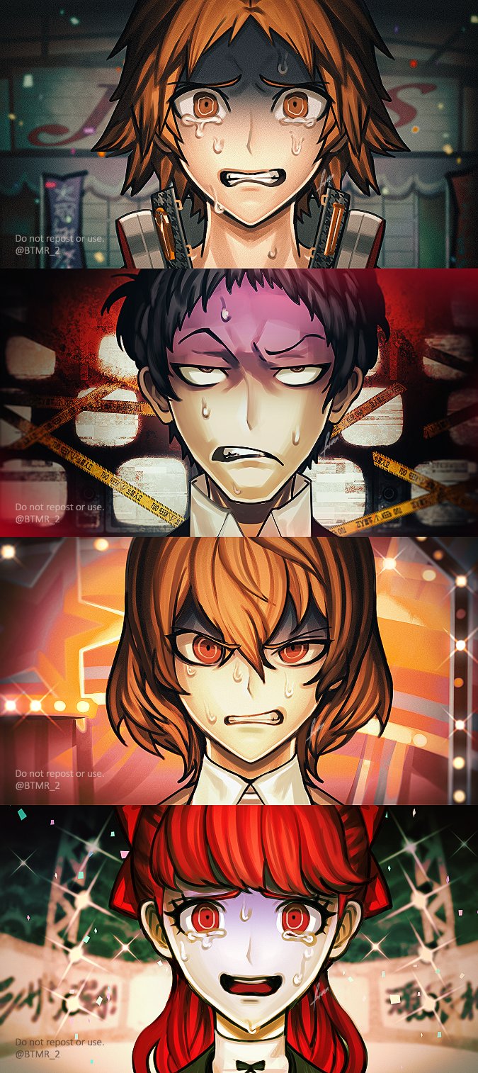 1girl, 3boys, adachi_tooru, akechi_gorou, bangs, black_hair, bow, brown_eyes
