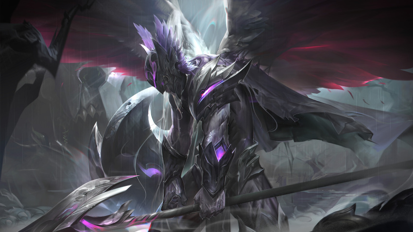 1boy, absurdres, alternate_costume, armor, cape, feathers, glowing, glowing_eyes