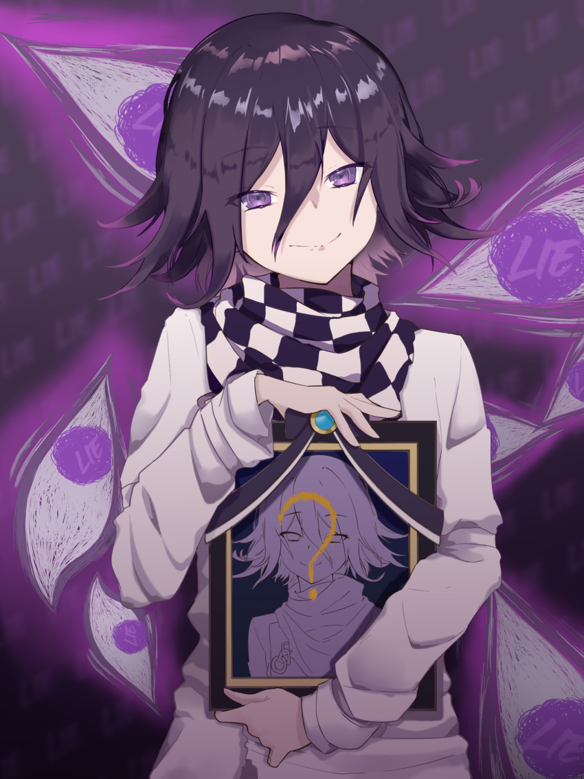 1boy, ?, bangs, black_hair, blurry, blurry_background, checkered_clothes, checkered_scarf, danganronpa_(series), danganronpa_v3:_killing_harmony, english_text, extra_eyes, grey_jacket, grey_pants, hair_between_eyes, highres, holding, iei, jacket, long_sleeves, looking_at_viewer, male_focus, minako_larima, ouma_kokichi, pants, scarf, shiny, shiny_hair, short_hair, smile, solo, violet_eyes