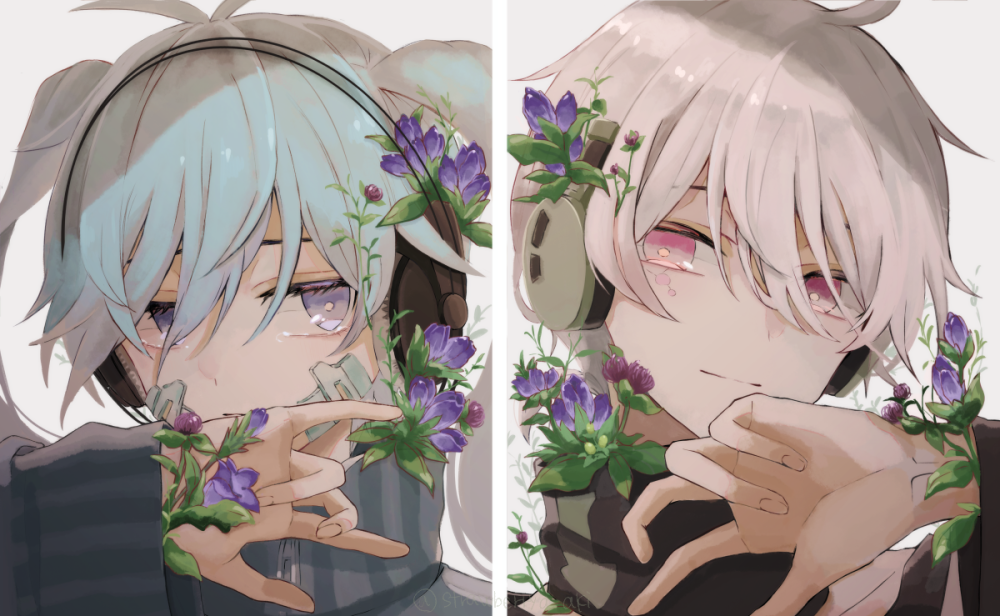 1boy, 1girl, blue_eyes, blue_hair, ene_(kagerou_project), facial_hair, flower, hair_flower