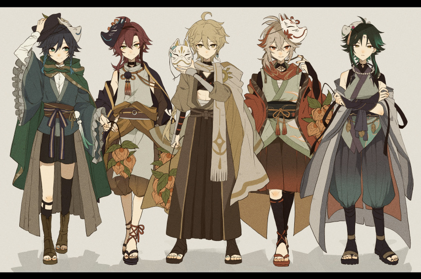5boys, absurdres, aether_(genshin_impact), alternate_costume, armor, asymmetrical_legwear, bangs, bead_necklace