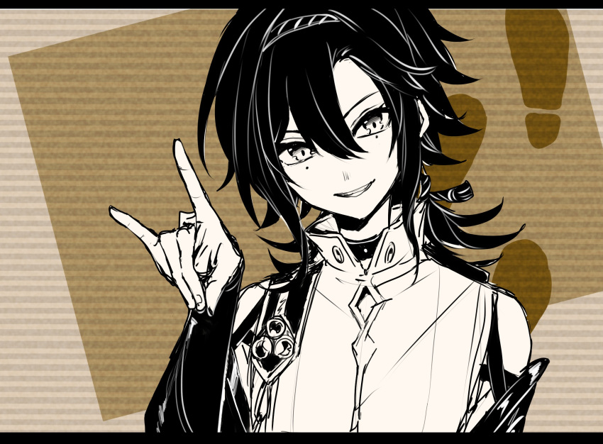 1boy, armor, bangs, brown_background, choker, footprints, fox_shadow_puppet, genshin_impact