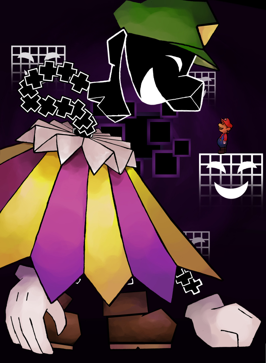 big_nose, boots, castle, dimentio, floating, green_headwear, highres, mario