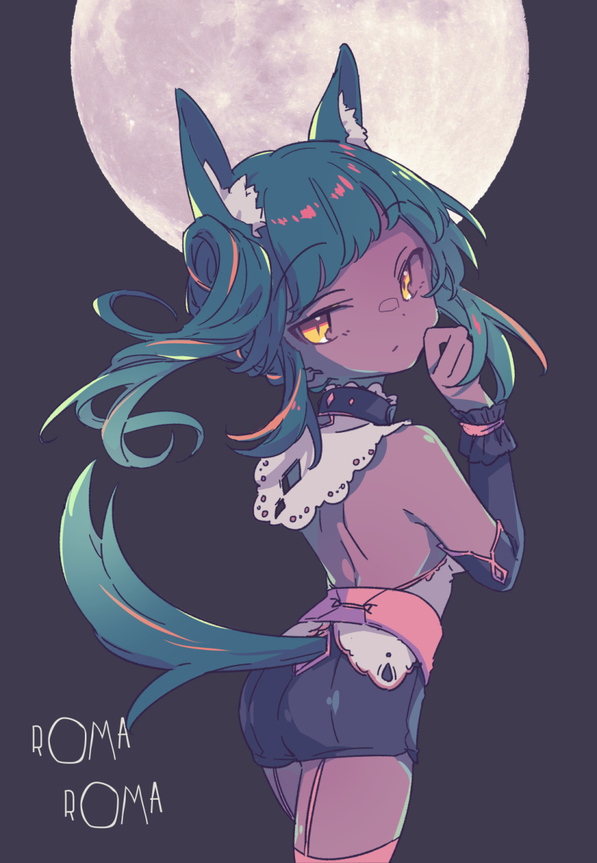 1girl, animal_ears, chariki, dark-skinned_female, dark_skin, facing_away, grey_background, halloween