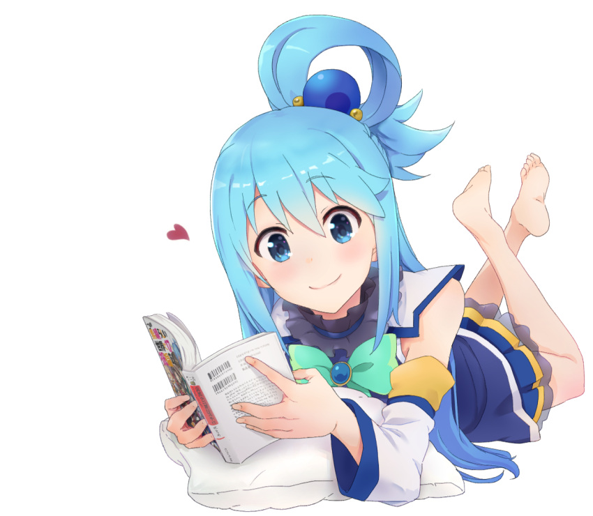 1girl, aqua_(konosuba), bangs, bare_shoulders, barefoot, blue_eyes, blue_hair, blush