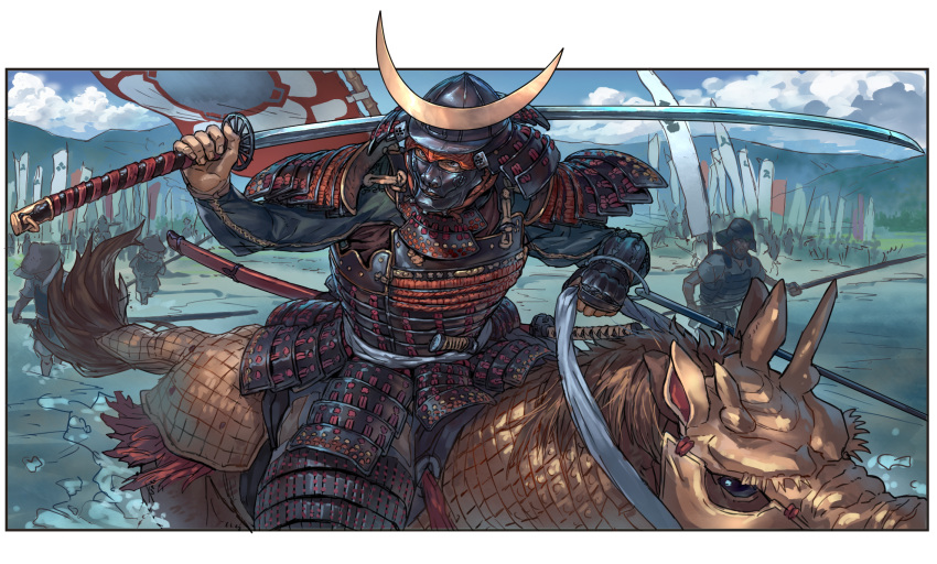 6+boys, armor, banner, dou, helmet, highres, holding, holding_reins, holding_sword, holding_weapon, horse, horseback_riding, japanese_armor, kabuto_(helmet), kote, kusazuri, male_focus, menpoo, multiple_boys, ootachi, original, reins, riding, samurai, scabbard, sengoku_jidai, sheath, sheathed, shikoro, shoulder_armor, sode, sword, takahito, weapon