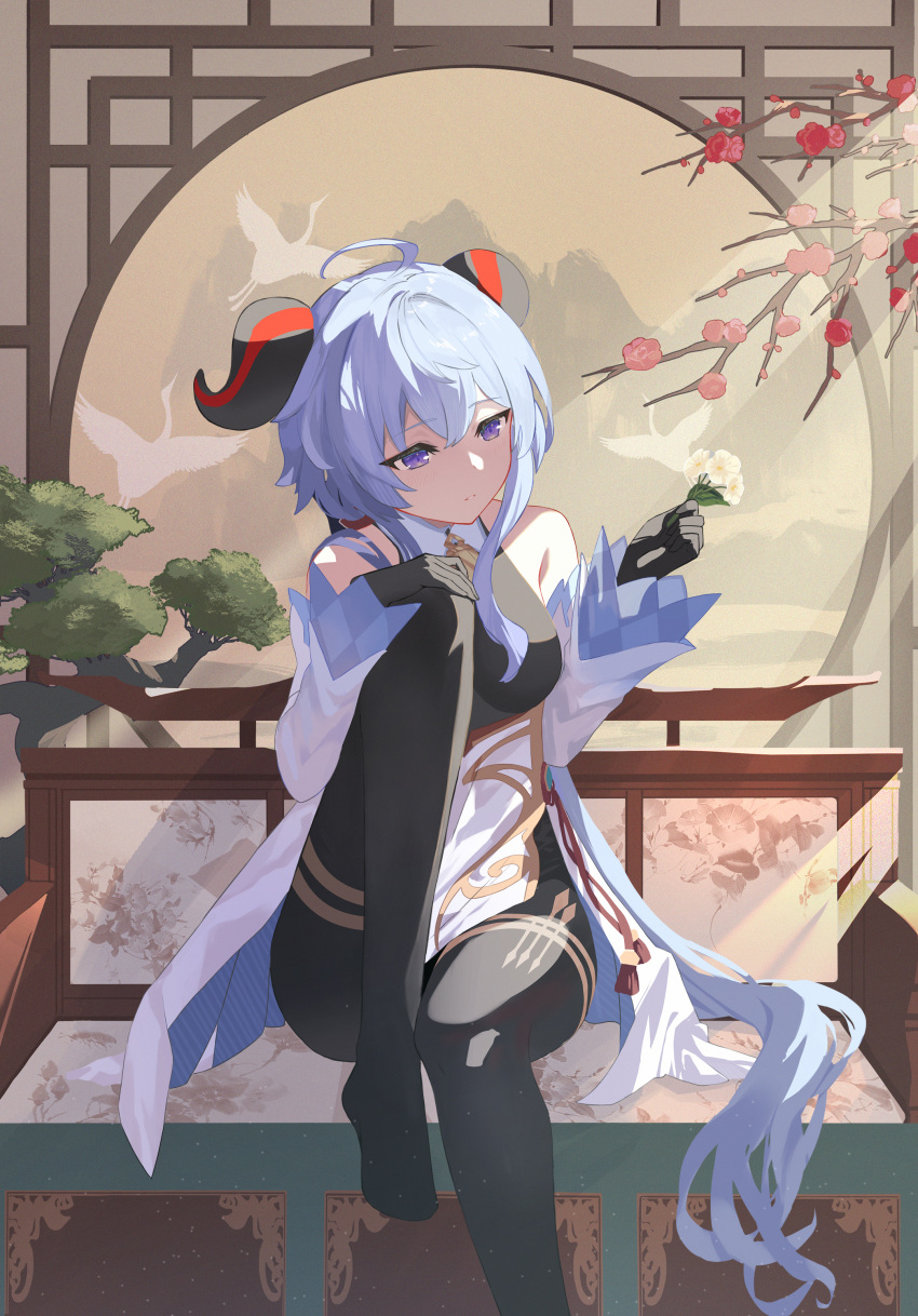 1girl, absurdres, ahoge, architecture, bangs, bare_shoulders, black_gloves, black_legwear