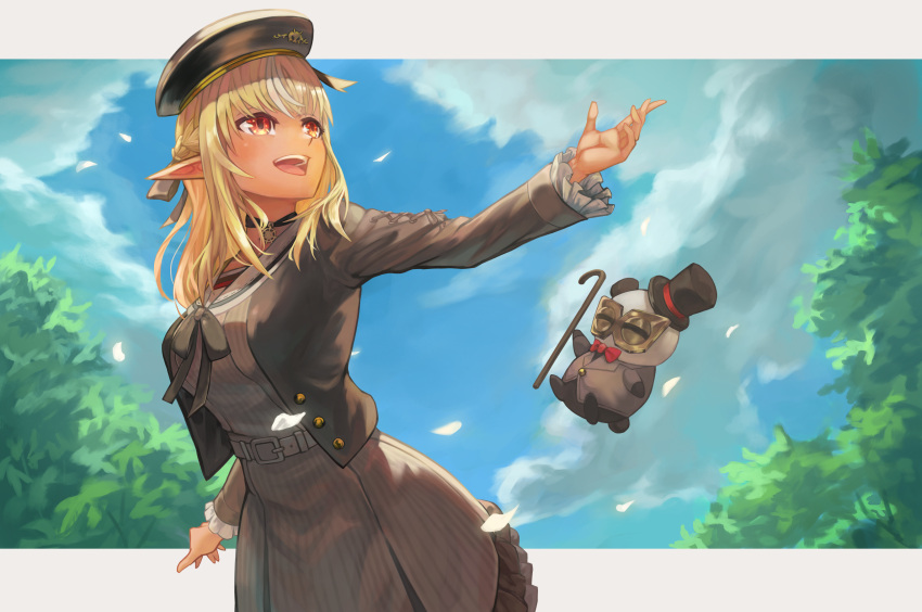 1girl, bangs, barcy, belt, black_headwear, blonde_hair, bow, bowtie
