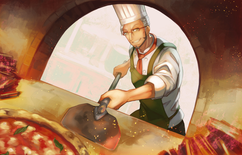 1boy, apron, arurandeisu, barcy, beard, chef_hat, cooking, facial_hair