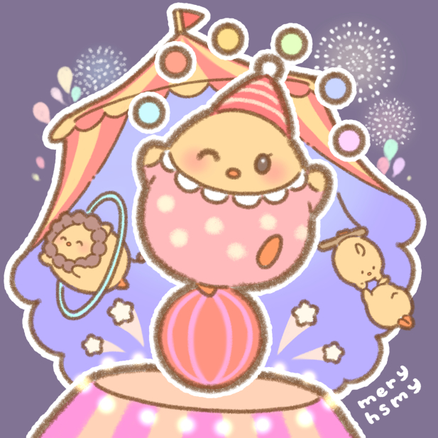 animal_costume, artist_name, azur_lane, ball, clown, fireworks, hat, hoop, hoshimiya_mery, jester_cap, juggling, lion_costume, looking_at_viewer, manjuu_(azur_lane), no_humans, one_eye_closed, purple_background, red_ball, simple_background, stage_curtains, standing, standing_on_object, standing_on_one_leg