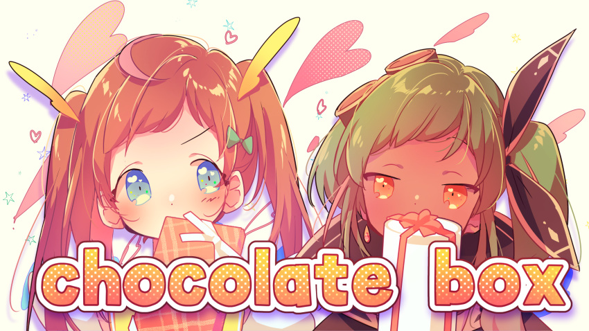 2girls, black_hair, blue_eyes, blush, brown_hair, chariki, chocolate, dark-skinned_female