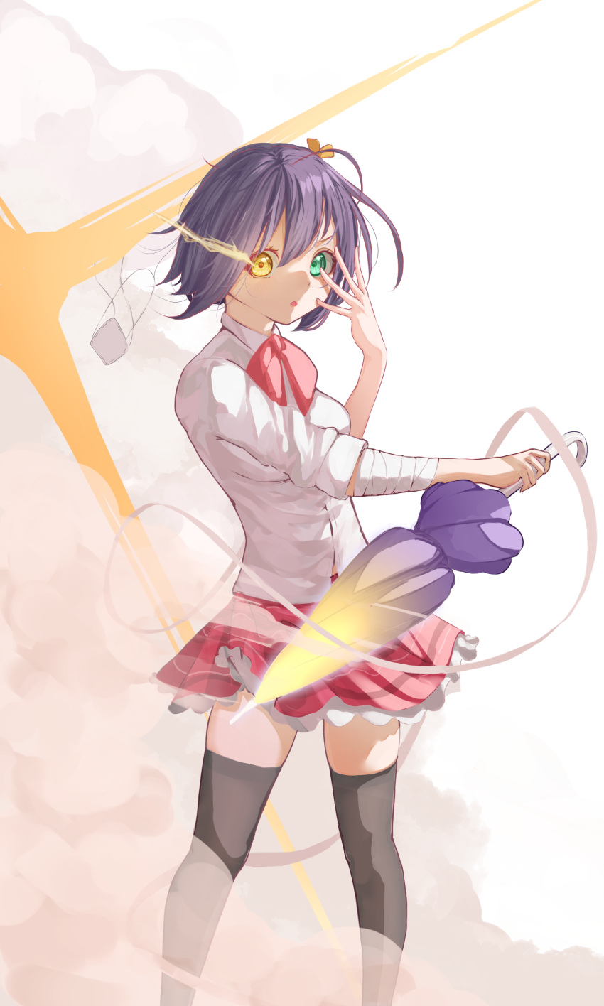 1girl, :o, absurdres, bandaged_arm, bandages, bangs, black_hair, blush