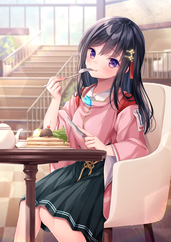 1girl, :t, armchair, bangs, black_hair, black_skirt, blush, chair