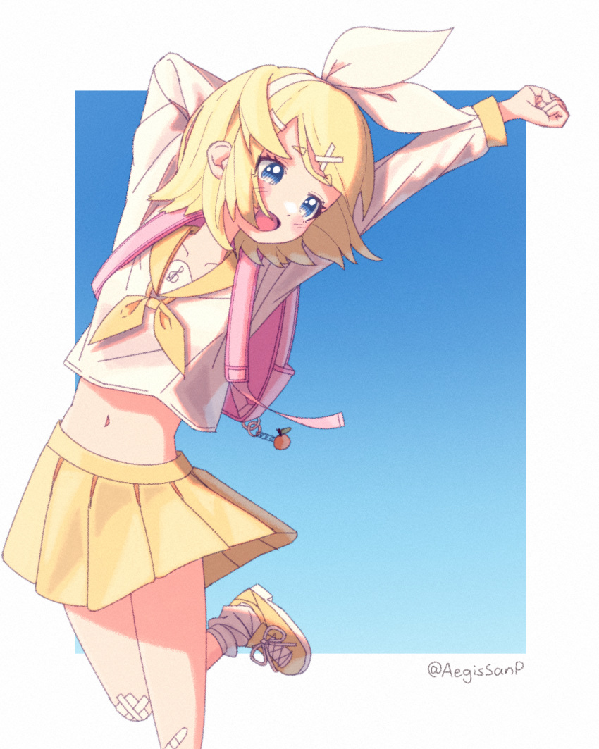 1girl, :d, aegissanp, arm_behind_head, arms_up, artist_name, backpack, bag