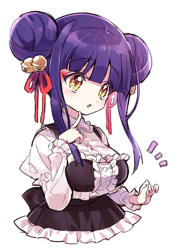 1girl, alternate_costume, bell, blue_hair, blush, breasts, double_bun, enmaided