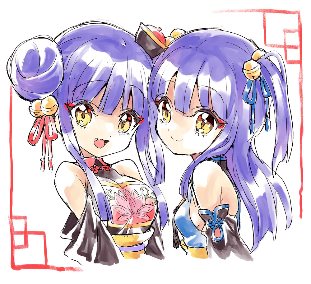 2girls, bare_shoulders, bell, blue_hair, blush, breasts, chinese_clothes, closed_mouth