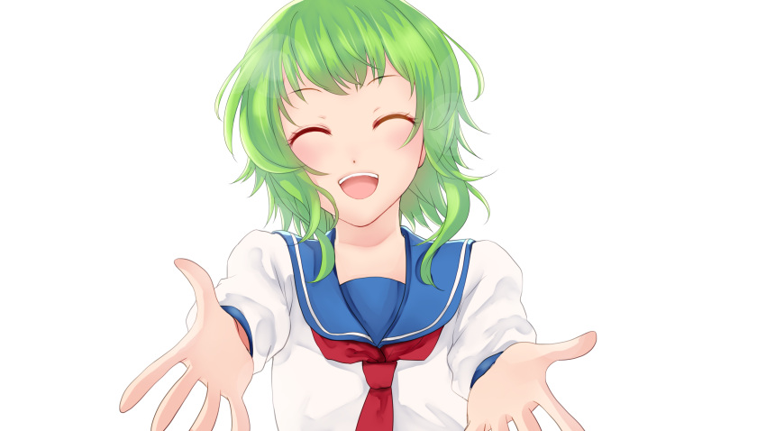 1girl, :d, ^_^, blouse, blue_sailor_collar, bluesky14715, blush, breasts, closed_eyes, commentary_request, green_hair, gumi, happy, head_tilt, highres, long_sleeves, necktie, open_mouth, red_necktie, sailor_collar, school_uniform, serafuku, shirt, short_hair, simple_background, small_breasts, smile, solo, teeth, upper_body, upper_teeth, vocaloid, white_background, white_shirt