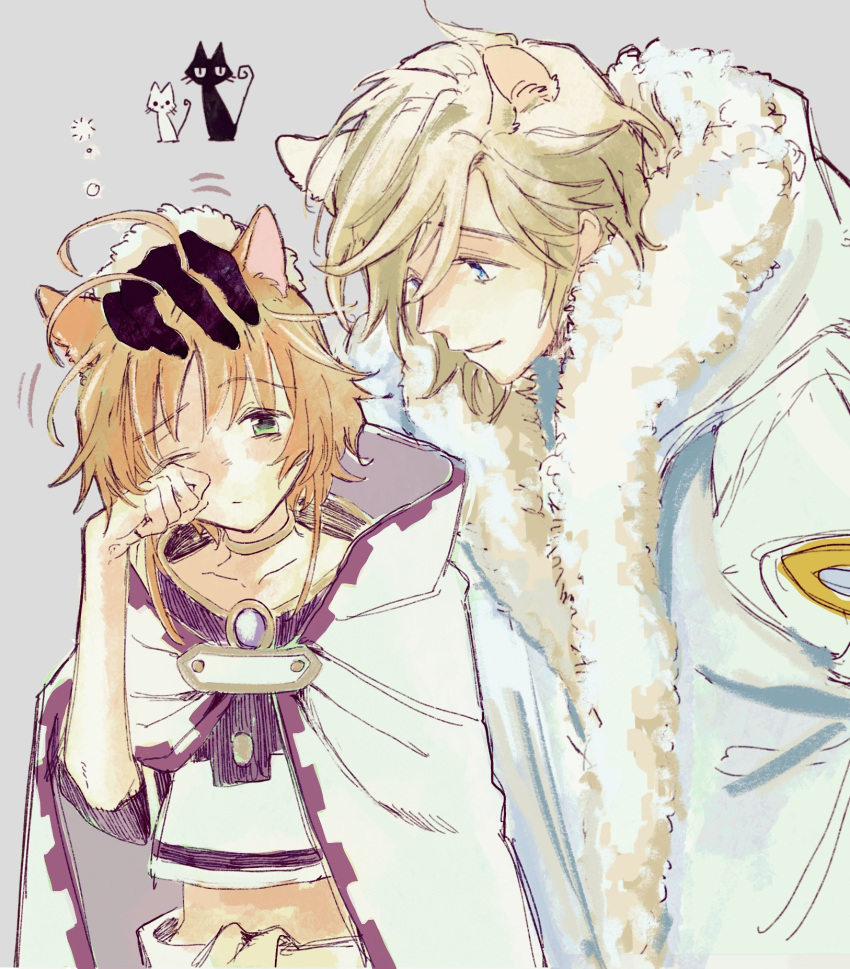 1boy, 1girl, antenna_hair, bangs, blonde_hair, blue_eyes, brown_hair, coat, collarbone, crop_top, fai_d._flowright, fur-trimmed_coat, fur_trim, green_eyes, grey_background, hair_between_eyes, highres, karen_le_cao, kemonomimi_mode, midriff, one_eye_closed, petting, sakura_hime, short_hair, sidelocks, sketch, sleepy, stomach, tsubasa_chronicle, upper_body, white_coat