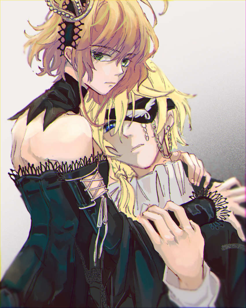 1boy, 1girl, antenna_hair, bangs, black_dress, black_sleeves, blonde_hair, blue_eyes, brown_hair, chain, closed_mouth, crown, detached_collar, detached_sleeves, dress, eyepatch, fai_d._flowright, green_eyes, grey_background, hair_between_eyes, hair_over_shoulder, highres, karen_le_cao, long_hair, long_sleeves, looking_at_viewer, mini_crown, parted_lips, sakura_hime, sidelocks, strapless, strapless_dress, tsubasa_chronicle, upper_body