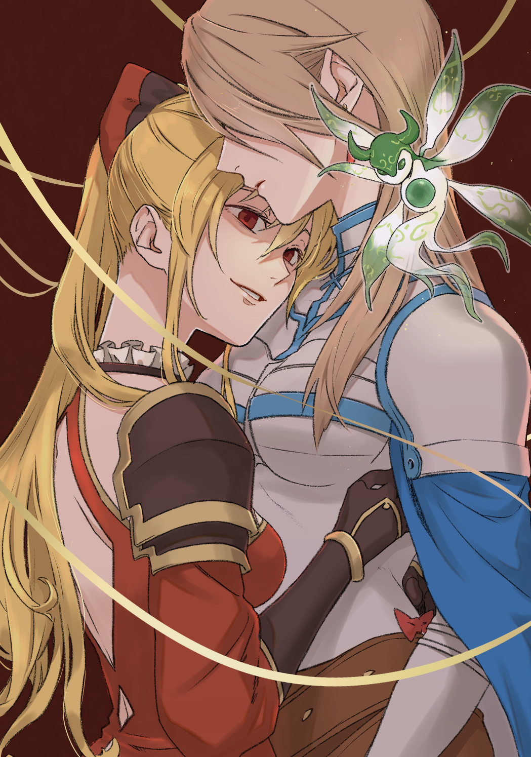 2girls, armor, backless_dress, backless_outfit, black_bow, blonde_hair, blue_cape, bow