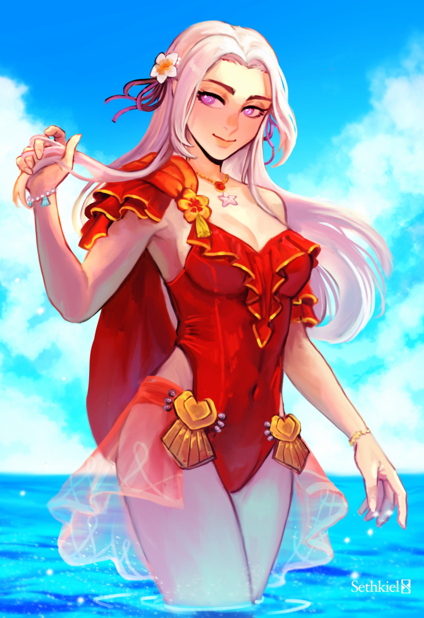 1girl, absurdres, blush, cape, casual_one-piece_swimsuit, closed_mouth, cute, edelgard_von_hresvelg, fire_emblem, fire_emblem:_three_houses, fire_emblem_heroes, hair_ornament, hair_ribbon, highres, intelligent_systems, long_hair, looking_at_viewer, nintendo, one-piece_swimsuit, red_cape, ribbon, sethkiel, smile, solo, super_smash_bros., swimsuit, uniform, violet_eyes, walking_on_liquid, walking_on_water, water, white_hair