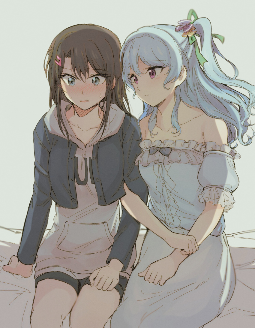 2girls, aoiro_050, bang_dream!, black_hair, blue_eyes, blue_hair, blush, collarbone