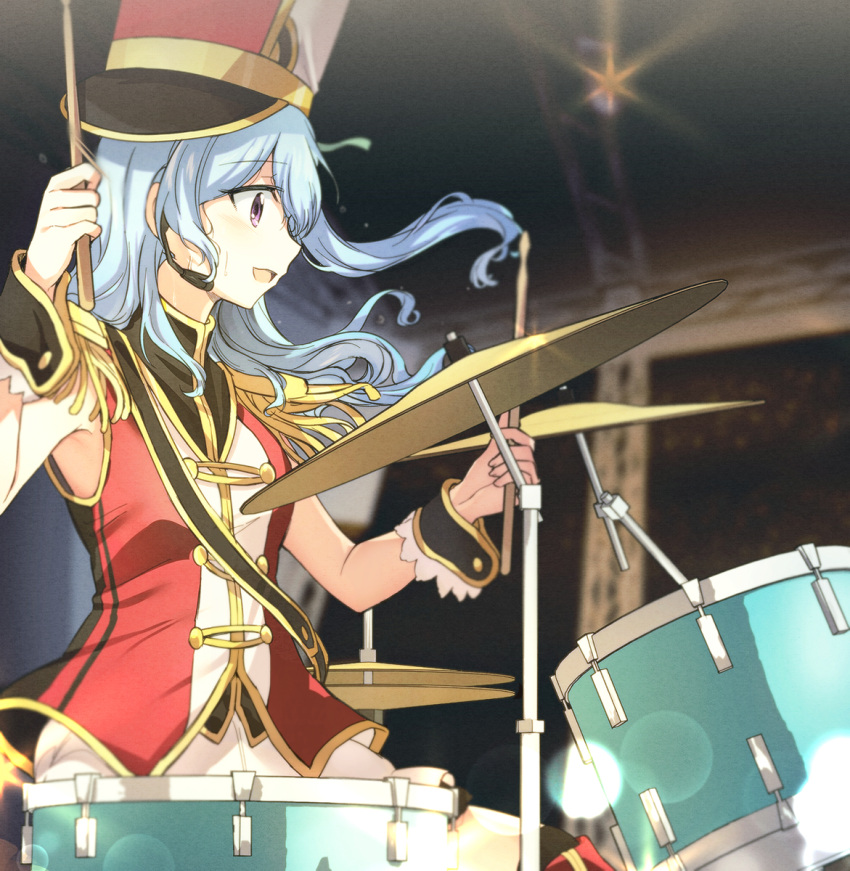 1girl, aoiro_050, armor, bang_dream!, blue_hair, blurry, depth_of_field, drum