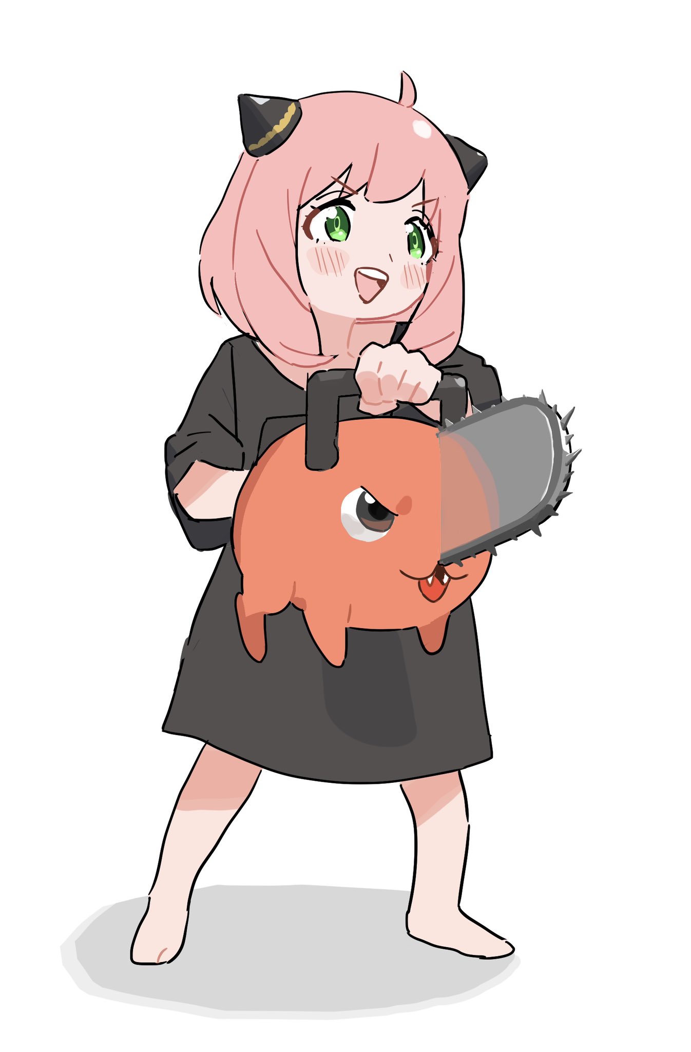 1girl, 1other, ahoge, animal, anya_(spy_x_family), black_shirt, brown_eyes, chainsaw