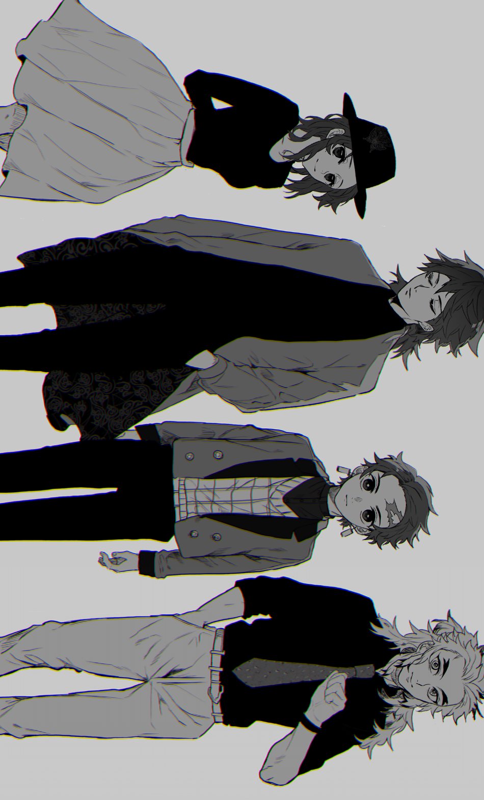 1girl, 3boys, arm_at_side, arms_at_sides, belt, breasts, closed_eyes, coat, collared_shirt, contemporary, earrings, eyelashes, fashion, feet_out_of_frame, greyscale, hair_down, hand_in_pocket, hand_up, hat, highres, jacket, jewelry, kamado_tanjirou, kapuriko_(giant_kmt), kimetsu_no_yaiba, kochou_shinobu, lineup, long_hair, looking_at_viewer, monochrome, multicolored_hair, multiple_boys, necktie, pants, rengoku_kyoujurou, scar, scar_on_face, scar_on_forehead, shirt, short_hair, sideways, simple_background, skirt, smile, streaked_hair, sweater_vest, tomioka_giyuu