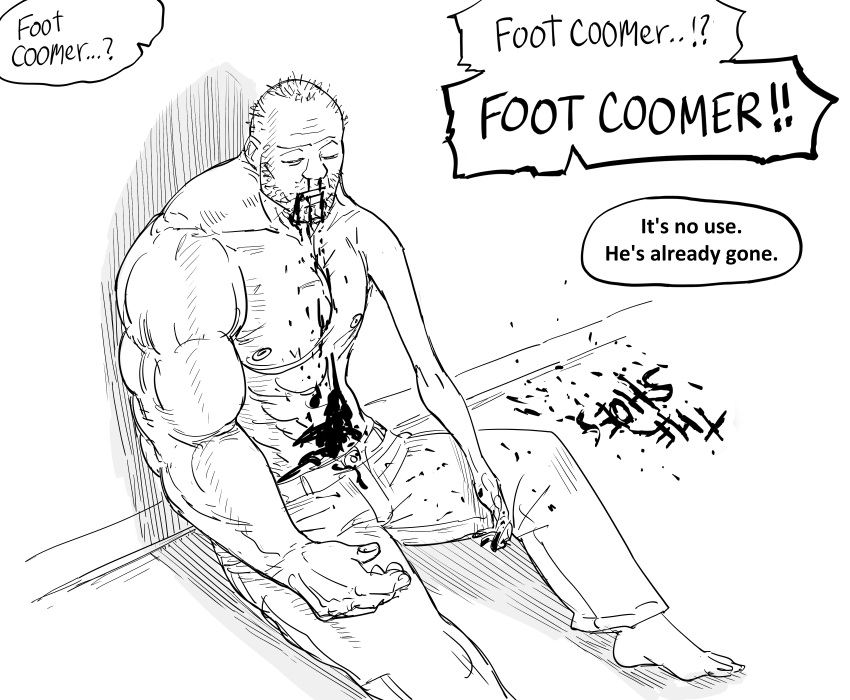 1boy, absurdres, against_wall, asymmetrical_arms, balding, barefoot, bb_(baalbuddy), blood