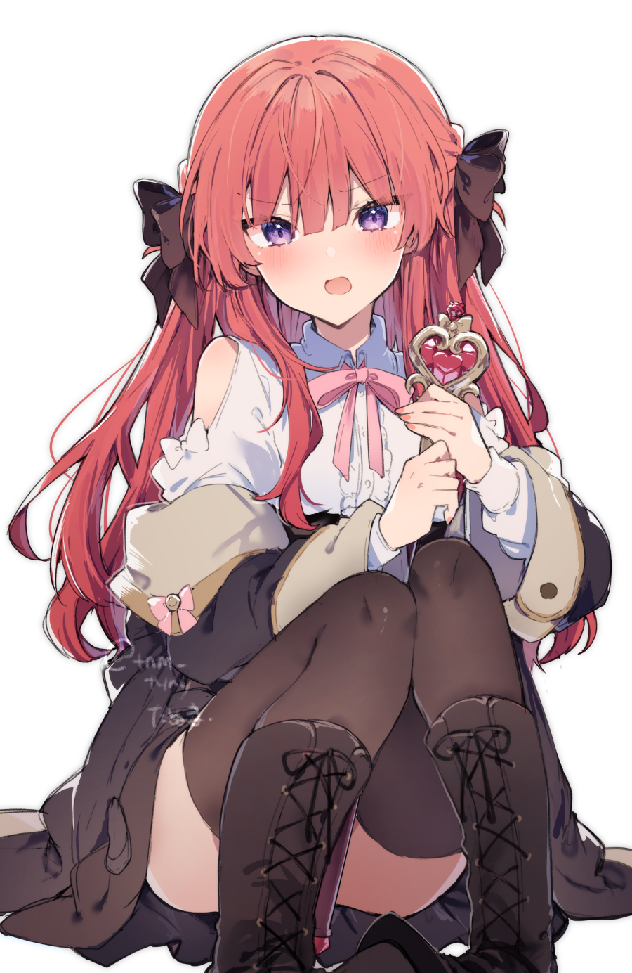 1girl, anna_(ikeuchi_tanuma), black_bow, black_coat, blush, boots, bow, brown_legwear