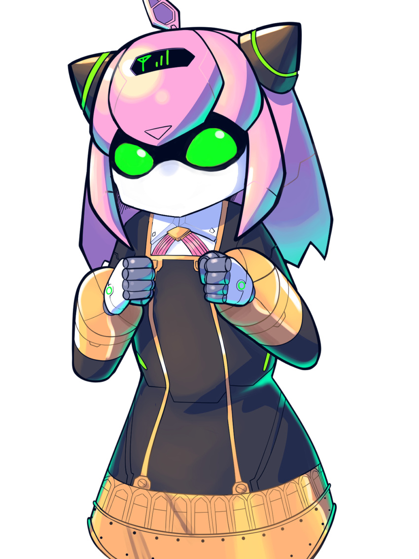 1girl, anya_(spy_x_family), black_dress, clenched_hands, dress, green_eyes, highres, humanoid_robot, looking_at_viewer, mechanization, science_fiction, solo, spy_x_family, white_background, zundarahagezou