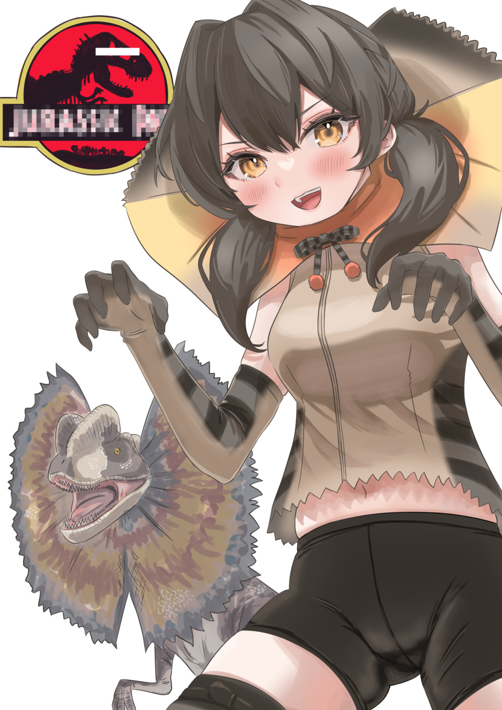 1girl, animal_print, bangs, bar_censor, bike_shorts, blush, brown_hair, censored