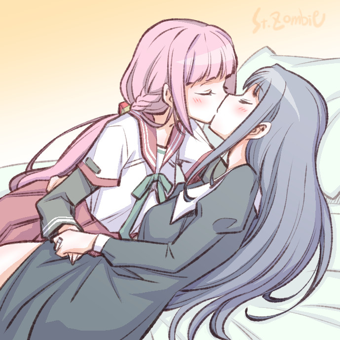 2girls, bangs, bed, bed_sheet, black_dress, blue_hair, blunt_bangs, braid, breasts, closed_eyes, dress, holding_hands, kamihama_university_affiliated_school_uniform, kiss, light_blush, long_hair, lying, magia_record:_mahou_shoujo_madoka_magica_gaiden, mahou_shoujo_madoka_magica, medium_breasts, multiple_girls, nanami_yachiyo, on_back, on_bed, on_side, pillow, pink_hair, school_uniform, sidelocks, studiozombie, tamaki_iroha, yuri