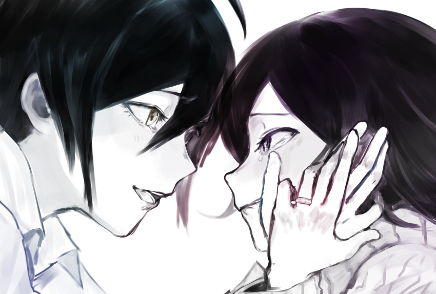 2boys, bangs, black_hair, brown_eyes, closed_mouth, collared_shirt, danganronpa_(series), danganronpa_v3:_killing_harmony, eye_contact, hair_between_eyes, hands_up, highres, jewelry, looking_at_another, male_focus, mimi_(mimionee), multiple_boys, no_jacket, open_mouth, ouma_kokichi, profile, ring, saihara_shuuichi, shirt, short_hair, tears, teeth, violet_eyes