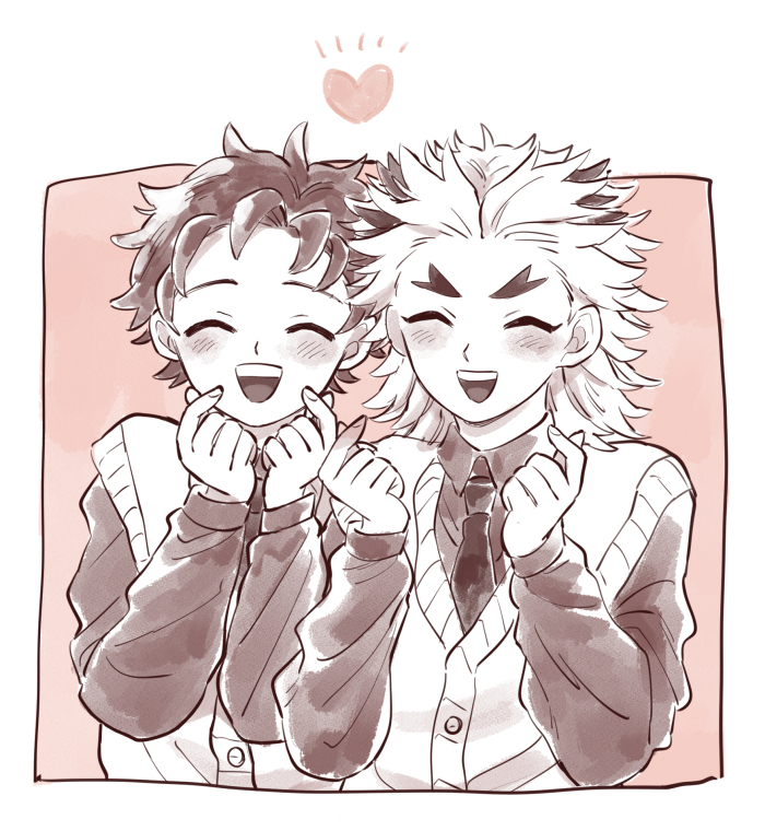2boys, ^_^, bag, blush, closed_eyes, facing_viewer, finger_heart, forked_eyebrows