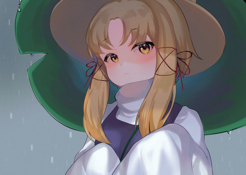 1girl, bangs, blonde_hair, brown_headwear, floppy_sleeves, grey_background, hair_ribbon, hat, highres, long_sleeves, looking_at_viewer, majime_joe, moriya_suwako, parted_bangs, purple_vest, rain, red_ribbon, ribbon, short_hair, sidelocks, skirt, sleeves_past_fingers, sleeves_past_wrists, solo, touhou, turtleneck, upper_body, vest, wide_sleeves, yellow_eyes