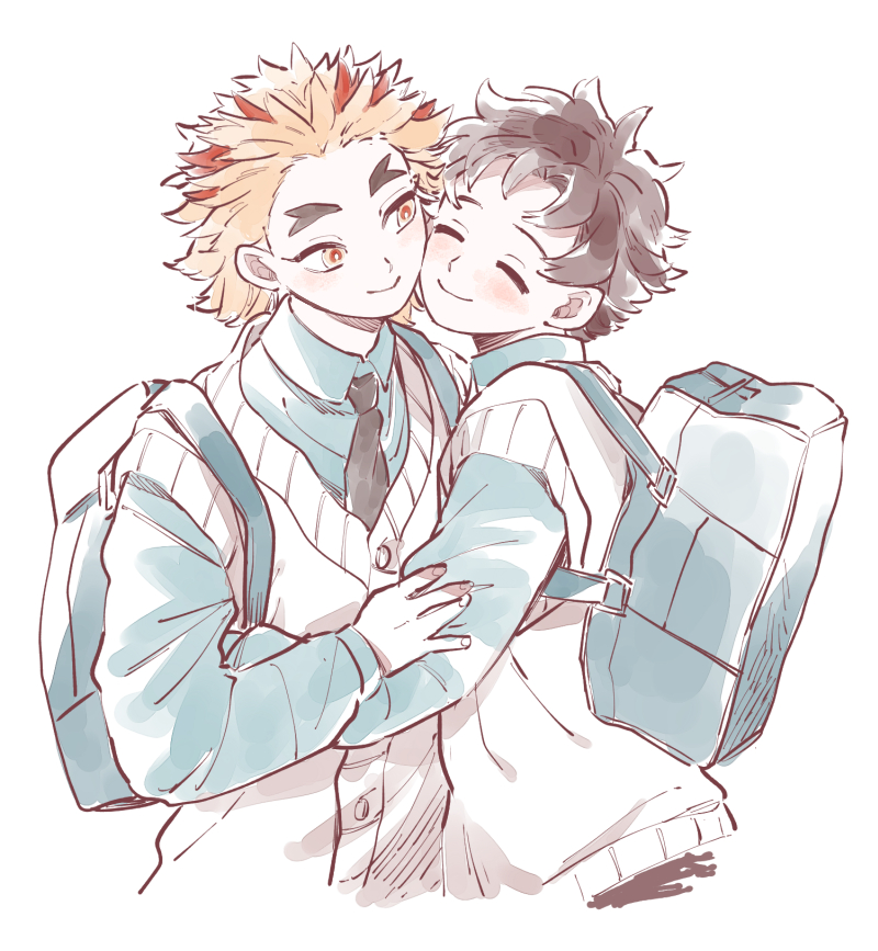 2boys, bag, black_hair, black_necktie, blonde_hair, blue_shirt, cheek-to-cheek, forked_eyebrows